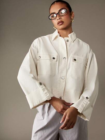 MISSGUIDED جاكيت قميص جينز مقصوص أمامي بأزرار، بتصميم عملي مستوحى من ملابس العمل، للنساء في الربيع والخريف، قطن فضفاض، أبيض خام، جيوب، إغلاق بأزرار معدنية