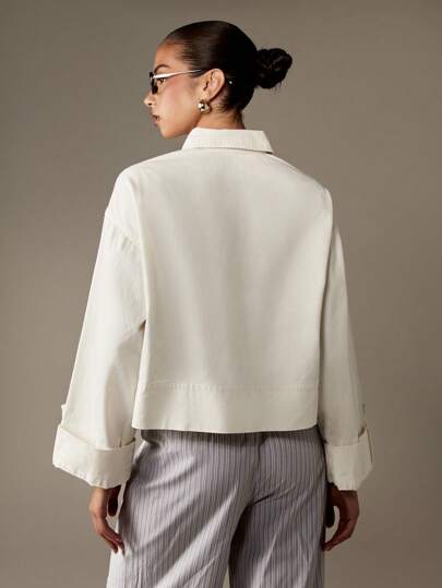 MISSGUIDED جاكيت قميص جينز مقصوص أمامي بأزرار، بتصميم عملي مستوحى من ملابس العمل، للنساء في الربيع والخريف، قطن فضفاض، أبيض خام، جيوب، إغلاق بأزرار معدنية