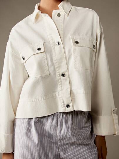 MISSGUIDED جاكيت قميص جينز مقصوص أمامي بأزرار، بتصميم عملي مستوحى من ملابس العمل، للنساء في الربيع والخريف، قطن فضفاض، أبيض خام، جيوب، إغلاق بأزرار معدنية