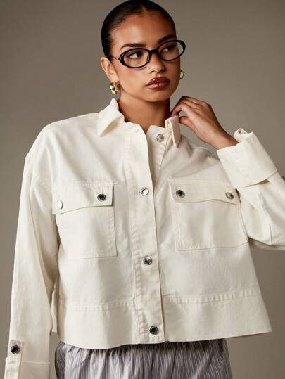 MISSGUIDED جاكيت قميص جينز مقصوص أمامي بأزرار، بتصميم عملي مستوحى من ملابس العمل، للنساء في الربيع والخريف، قطن فضفاض، أبيض خام، جيوب، إغلاق بأزرار معدنية