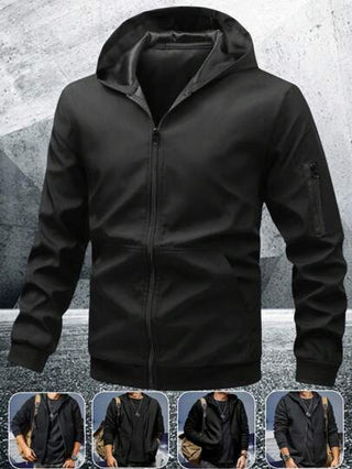 Manfinity Homme جاكيت رجالية ذات أكمام طويلة وغطاء رأس ذات لون واحد وسحاب للرجال مع قبعة