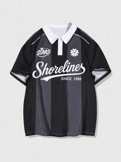 ROMWE MEN Prep قميص بولو كاجوال للرجال بياقة مرقعة وطباعة حرفية وأكمام قصيرة مخططة