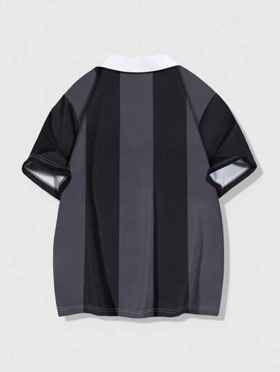 ROMWE MEN Prep قميص بولو كاجوال للرجال بياقة مرقعة وطباعة حرفية وأكمام قصيرة مخططة