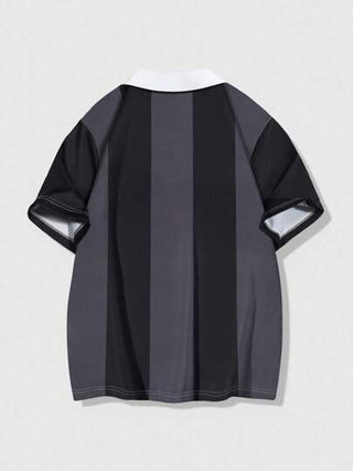 ROMWE MEN Prep قميص بولو كاجوال للرجال بياقة مرقعة وطباعة حرفية وأكمام قصيرة مخططة