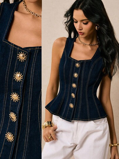 Poéselle ملابس علوية جينز نسائي جديد القدوم بفتحة رقبة مربعة وأربطة وزخرفة إبزيم معدني في الخلف والخصر وحاشية كشكشة، ملابس خريفية ذات لون أزرق داكن طراز إنجليزي أنيق للشارع والاستخدام اليومي والسفر