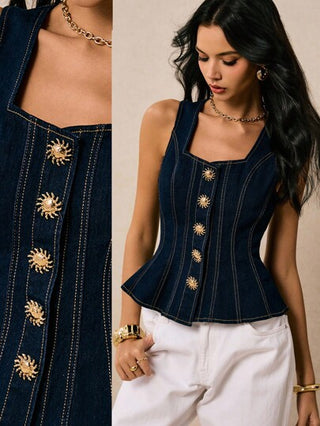 Poéselle ملابس علوية جينز نسائي جديد القدوم بفتحة رقبة مربعة وأربطة وزخرفة إبزيم معدني في الخلف والخصر وحاشية كشكشة، ملابس خريفية ذات لون أزرق داكن طراز إنجليزي أنيق للشارع والاستخدام اليومي والسفر