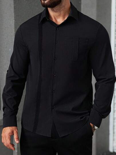 Manfinity Homme قميص رسمي أسود أحادي اللون بأكمام طويلة للرجال