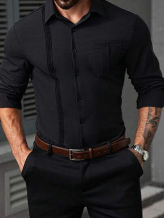 Manfinity Homme قميص رسمي أسود أحادي اللون بأكمام طويلة للرجال