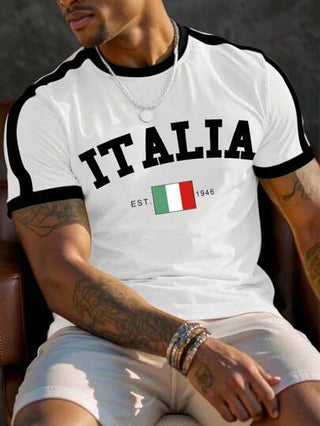 Manfinity Homme تي شيرت رجالي بياقة دائرية وأكمام قصيرة بطباعة حرف وعلم وطني