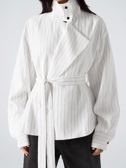 LYSMO معطف طويل الأكمام بياقة عالية مخطط للنساء، موضة شتوية متعددة الاستخدامات