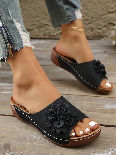 نعال نسائية بنعل سميك بنقشة زهرية، نعل من البولي يوريثان بكعب سميك، لون أحادي مريح للارتداء، صندل بمنصة