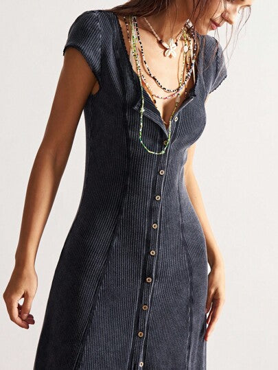 Bohemela فستان كنزة رقبة على شكل حرف V، بلون أحادي، بخصر ضيق، مغسول، بطول الركبة للنساء