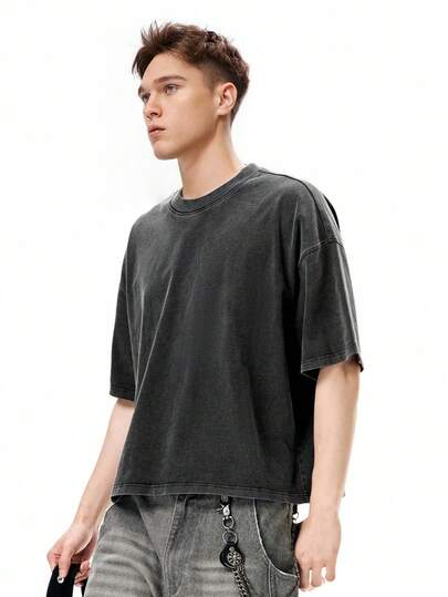 INFLATION قميص تي شيرت بوكسي دون، تي شيرت مغسول 270 جرام، علامة تجارية رجعية، طراز أوروبي وأمريكي أكمام قصيرة للرجال