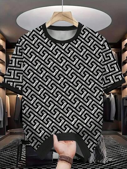 Manfinity Dauomo تي شيرت رجالي كاجوال بطباعة هندسية وحرفية باللونين الأسود والأبيض