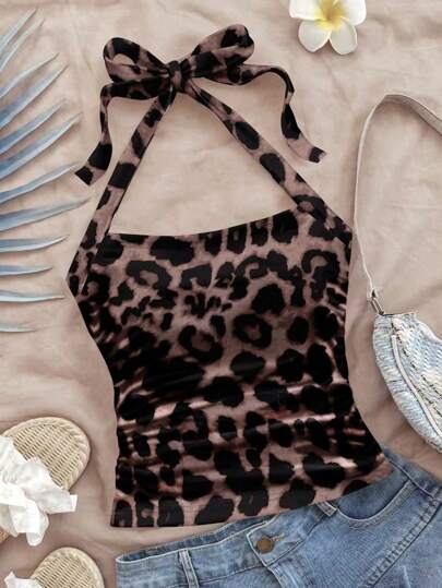 Soleia ملابس علوية دوكسي بحزام للرقبة وطبع نمر كامل مناسبة لفصل الصيف للسيدات