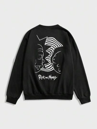 Rick and Morty X SHEIN بلوزة رجالية بياقة طاقم وأكمام طويلة مطبوع عليها شخصية كرتونية باللون الأسود، بطراز إيمو وطراز 2000