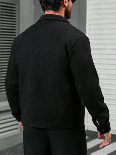 Manfinity Homme معطف رجالي كاجوال من خليط الصوف ذو لون أحادي، جاكيت رجالي أسود كاجوال، جاكيت صوفي رجالي