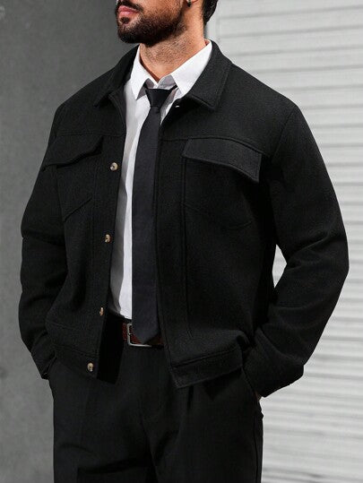 Manfinity Homme معطف رجالي كاجوال من خليط الصوف ذو لون أحادي، جاكيت رجالي أسود كاجوال، جاكيت صوفي رجالي