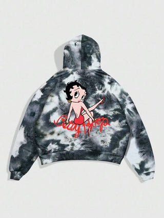 ROMWE MEN Betty Boop | ROMWE بلوزة هودي بطبعات رسوم كرتونية وصبغة التعتيق للرجال