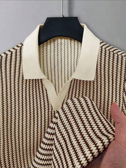 Manfinity Mode قميص بولو كاجوال قصير الأكمام للرجال، قميص بولو مُحبوك صيفي للرجال، قميص محبوك للرجال، قميص رجالي بني وأبيض مخطط، قميص كروشيه للرجال، بطراز عتيق