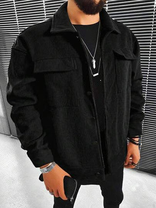 Manfinity Homme جاكيت رجالية فضفاضة من الكوردروي مع جيوب قابلة للطي وكتف منخفض، جاكيت كوردروي رجالية، قميص كوردروي رجالي، جاكيت شارع رجالية، قميص أسود رجالي، شاكيت كوردروي رجالي