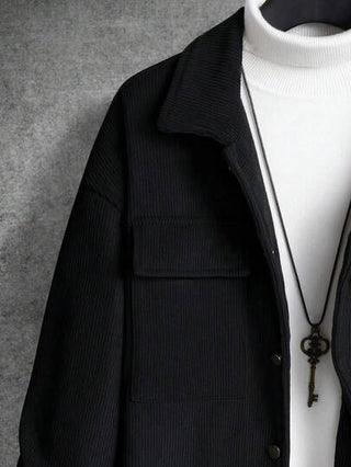 Manfinity Homme جاكيت رجالية فضفاضة من الكوردروي مع جيوب قابلة للطي وكتف منخفض، جاكيت كوردروي رجالية، قميص كوردروي رجالي، جاكيت شارع رجالية، قميص أسود رجالي، شاكيت كوردروي رجالي