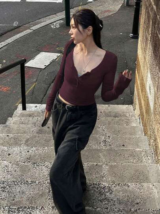DAZY قميص تي شيرت طويل الأكمام مناسب للنساء، أحادي اللون، أزرار، مناسب للربيع والصيف والخريف