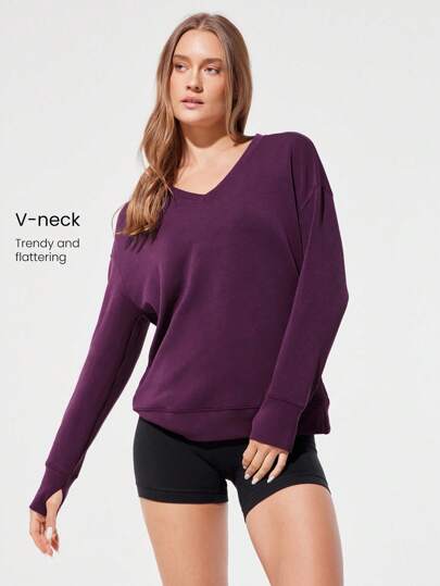 GLOWMODE كنزة صوفية كاجوال طويلة الأكمام بياقة على شكل حرف V مريحة وناعمة من القماش الحريري الممتد، مع فتحات للإبهام، مناسبة للاستخدام اليومي في فصل الخريف