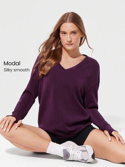 GLOWMODE كنزة صوفية كاجوال طويلة الأكمام بياقة على شكل حرف V مريحة وناعمة من القماش الحريري الممتد، مع فتحات للإبهام، مناسبة للاستخدام اليومي في فصل الخريف