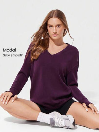 GLOWMODE كنزة صوفية كاجوال طويلة الأكمام بياقة على شكل حرف V مريحة وناعمة من القماش الحريري الممتد، مع فتحات للإبهام، مناسبة للاستخدام اليومي في فصل الخريف