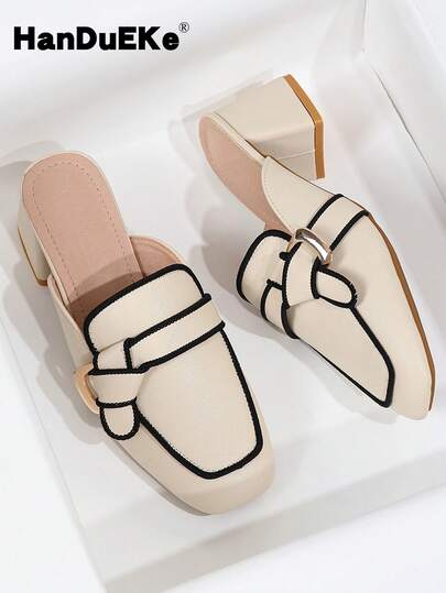 أحذية نسائية بكعب سميك مربعة الأصبع، بدون كعب على الطراز البريطاني، أحذية صيف 2025 جديدة بفم ضحل، أحذية خارجية واسعة