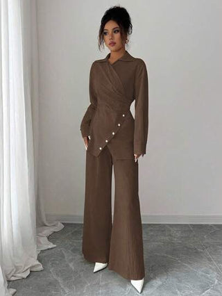 Modelyn مجموعة قطعتين من القطن العضوي المصمم بأكمام طويلة وياقة منسوجة مع ربطة للنساء
