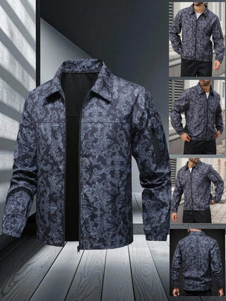 Manfinity Homme معطف كاجوال بأكمام طويلة وسحاب أمامي بطبعة زهرية، خريف