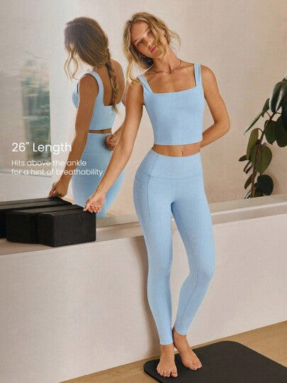 GLOWMODE سروال ضيق بخصر عالي بدون خياطة أمامية وجيوب جانبية، مصنوع من قماش ريشي مرن مناسب لليوغا والبيلاتس والاستخدام اليومي الكاجوال