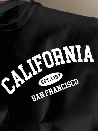 Manfinity Joysei قميص تي شيرت كاجوال بياقة طاقم وأكمام قصيرة للرجال، بطبعة حرف كاليفورنيا بألوان متباينة، مناسب للمناسبات الكاجوال والتجمعات والهدايا المثالية للأزواج والعائلات