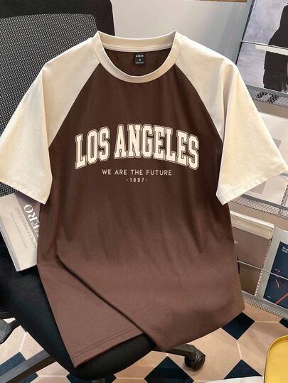 Manfinity Joysei قميص تي شيرت رجالي بأكمام راجلان بتصميم بني بطبعة حرف لوس أنجلوس بألوان متباينة، تصميم كاجوال عصري مناسب للمناسبات والتجمعات، ملابس أساسية مناسبة للأزواج والعائلة، هدية رائعة للصديق