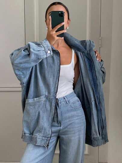 DAZY معطف جينز نسائي جديد للخريف/الشتاء، فضفاض وكاجوال، مغسول ومشوه