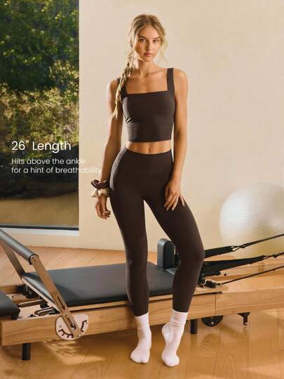 GLOWMODE سروال ضيق بخصر عالي بدون خياطة أمامية وجيوب جانبية، مصنوع من قماش ريشي مرن مناسب لليوغا والبيلاتس والاستخدام اليومي الكاجوال