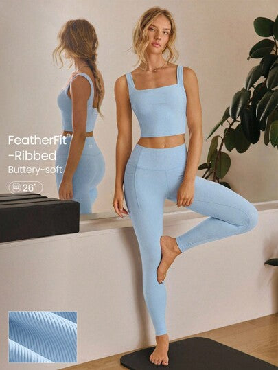 GLOWMODE سروال ضيق بخصر عالي بدون خياطة أمامية وجيوب جانبية، مصنوع من قماش ريشي مرن مناسب لليوغا والبيلاتس والاستخدام اليومي الكاجوال