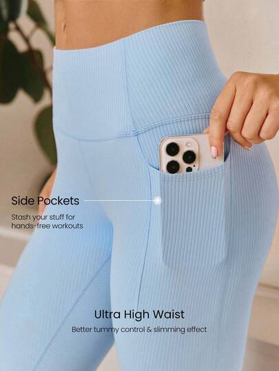 GLOWMODE سروال ضيق بخصر عالي بدون خياطة أمامية وجيوب جانبية، مصنوع من قماش ريشي مرن مناسب لليوغا والبيلاتس والاستخدام اليومي الكاجوال