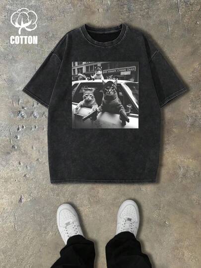 Noixe قميص تي شيرت كاجوال للرجال بطبعة قطة، صيفي