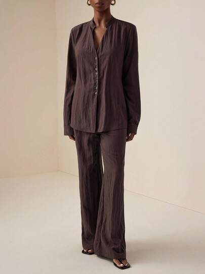 Vesra طقم قميص وبنطلون واسع الساق للنساء، لون أحادي، ياقة مقطوعة، أحادي الصدر، أكمام طويلة، ربطة خلفية، للربيع والخريف