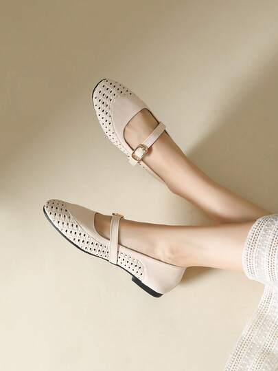 Mengshangli أحذية نسائية ذات أصابع مربعة، لون أحادي بوهيمي مفرغ، للارتداء في الحفلات، الخريف، الربيع/الصيف