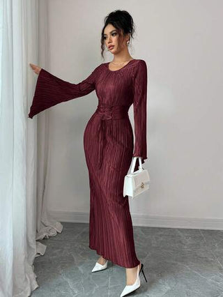 Elenzga فستان أنيق للنساء بتصميم ربطة الخصر وأكمام واسعة وياقة مستديرة باللون الأحادي