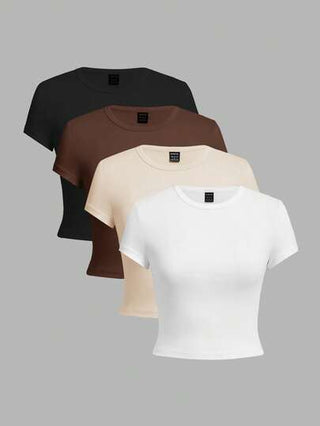 EZwear 4 قطع/مجموعة تيشيرت نسائي بأكمام قصيرة وياقة مستديرة ضيق، ذو لون أحادي مناسب للصيف