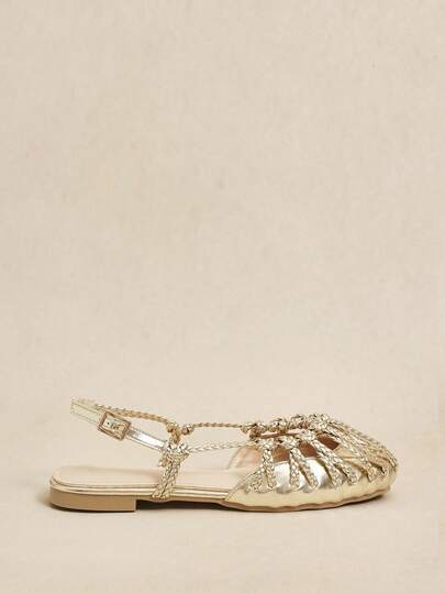 Rosivie صندل نسائي مسطح، حذاء مسطح بحزام منسوج ذهبي مغلق من الأمام