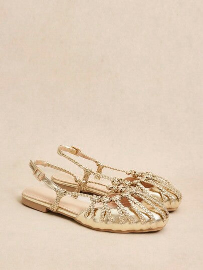 Rosivie صندل نسائي مسطح، حذاء مسطح بحزام منسوج ذهبي مغلق من الأمام