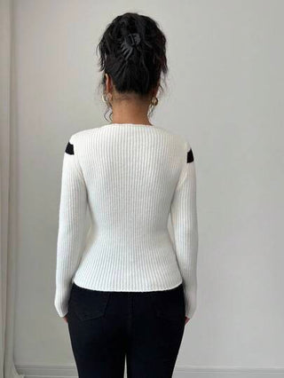 Elenzga ملابس علوية كنزة صوفية محبوكة بياقة مربعة وخطوط متباينة، تصميم فريد، بسيط، متعدد الاستخدامات، مخفف للحجم، للارتداء اليومي للنساء