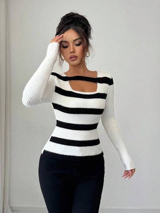 Elenzga ملابس علوية كنزة صوفية محبوكة بياقة مربعة وخطوط متباينة، تصميم فريد، بسيط، متعدد الاستخدامات، مخفف للحجم، للارتداء اليومي للنساء