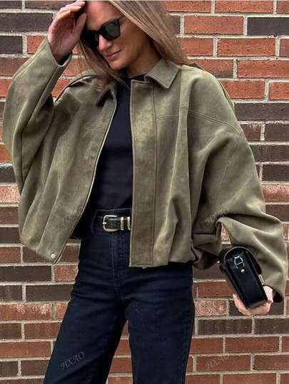 معطف بومبر نسائي معطف ربيعي فضفاض بأكمام طويلة وسحاب، جاكيت نسائي جديد بطبعات قديمة، خارجي أخضر